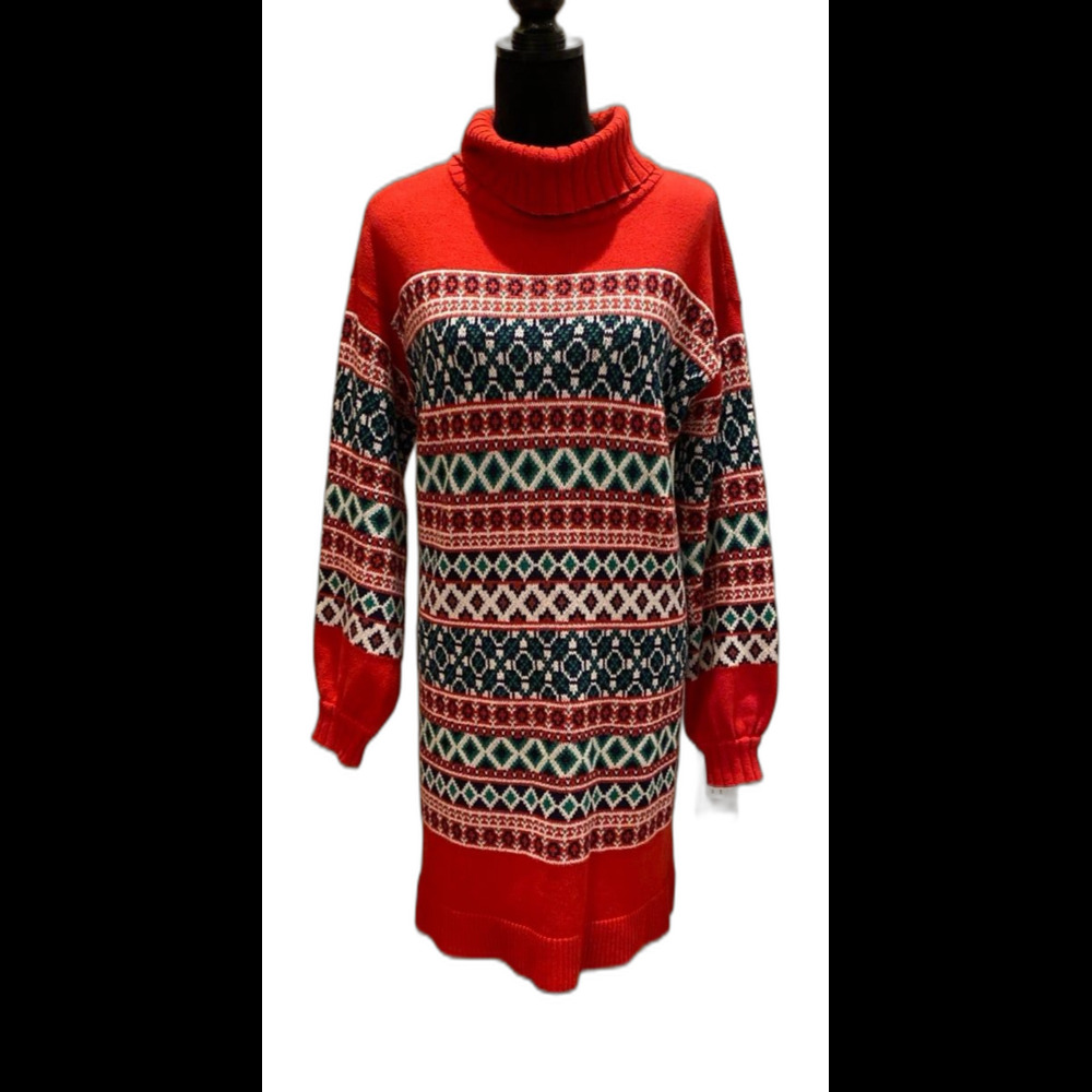 Crown & Ivy Sweater Dress Size Large Red Green Navy Fair Isle Look 60 % Cotton‎